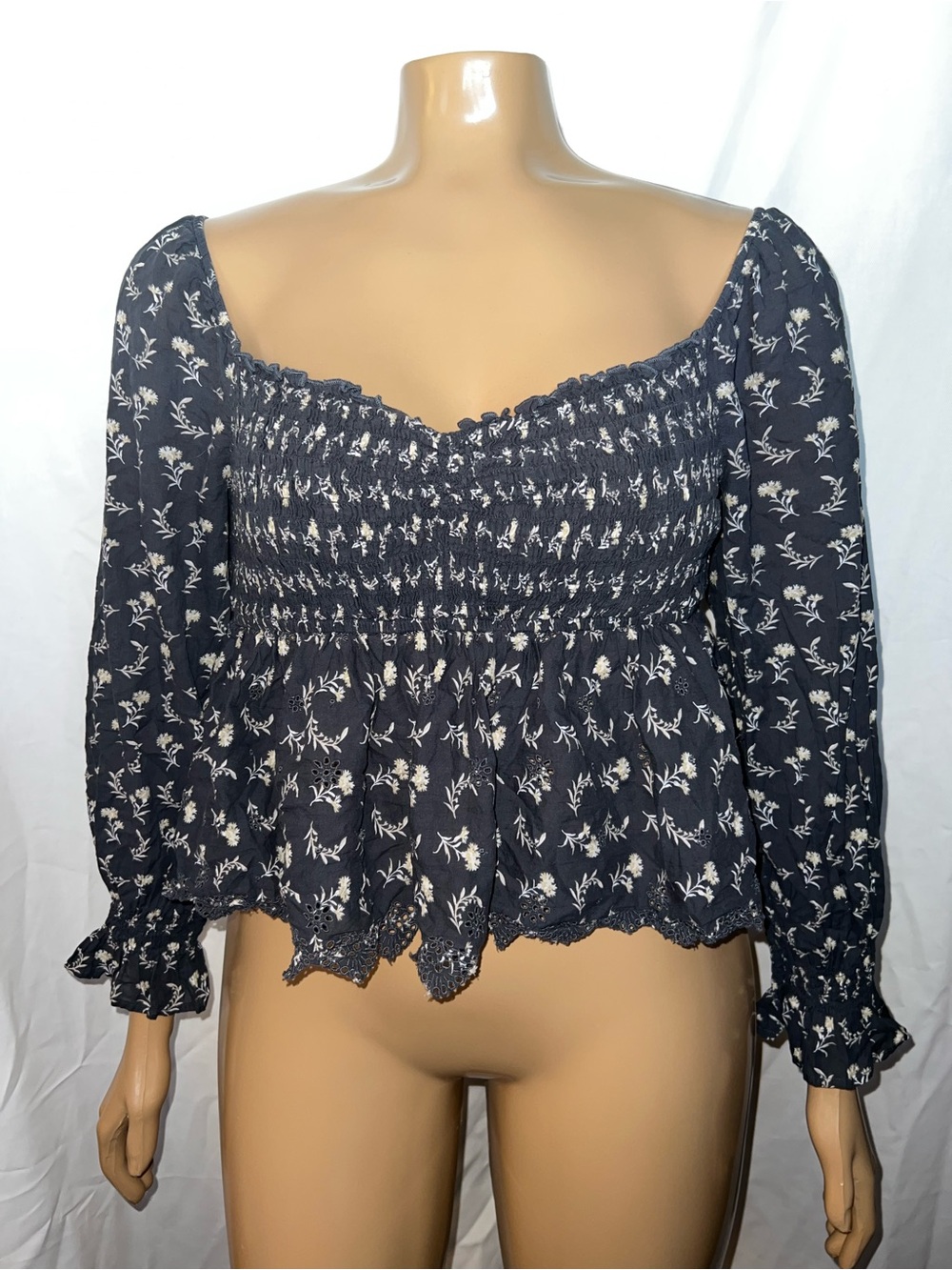 American Eagle Outfitters Navy Floral Smocked Peplum Blouse